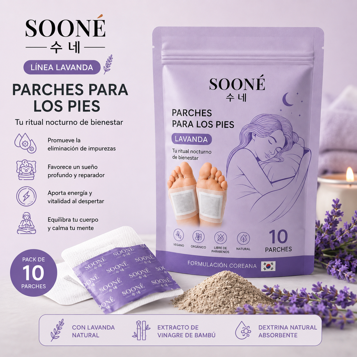 SOONÉ Parches Desintoxicantes con Lavanda – Cuidado Natural e Inspirado en Corea (10 Unidades)